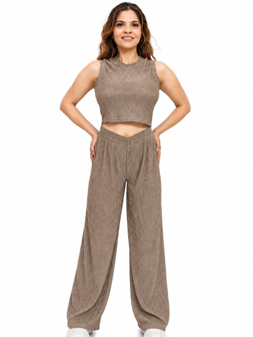 Women's 2 Piece Ribbed Matching Set Sleeveless Crop Top Wide Leg Pants